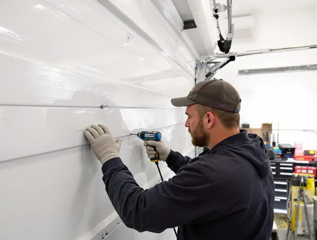Kannapolis Garage Door Repair technician demonstrating precision dent removal techniques on a Kannapolis garage door