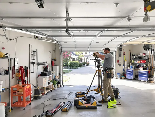 Kannapolis Garage Door Repair specialist performing laser-guided track alignment in Kannapolis